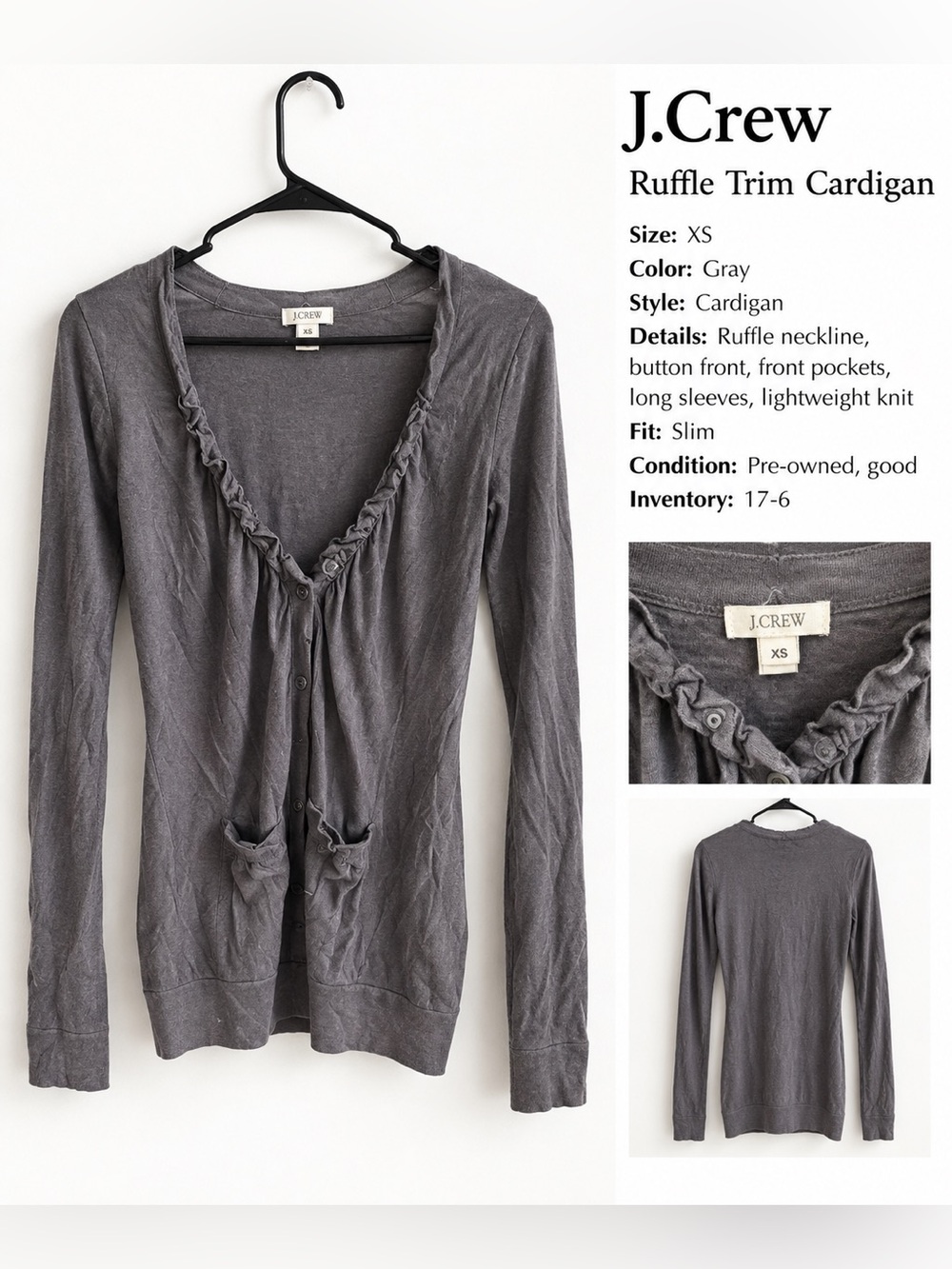 J.Crew Gray Ruffle Trim Button Front Cardigan Size XS